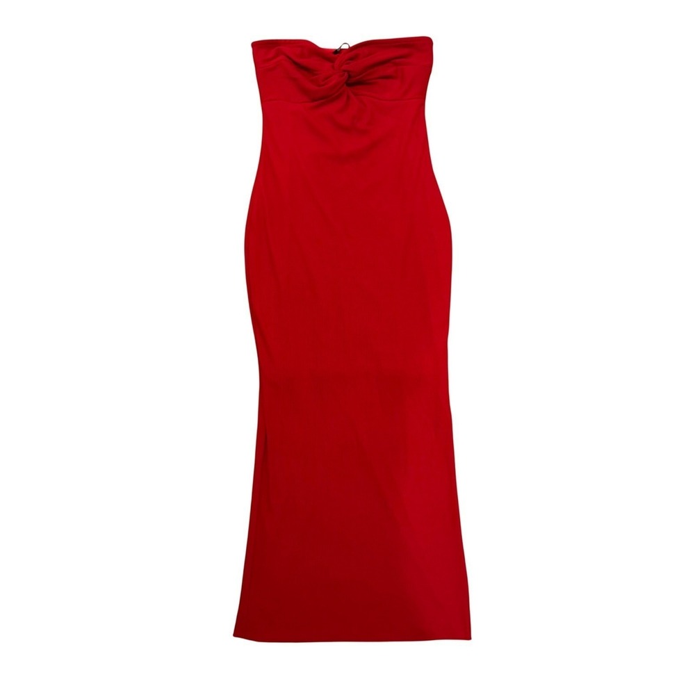 Romantic Red Strapless Twist Front Midi Dress Ribbed Day to Night Date Sz M - Picture 3 of 14